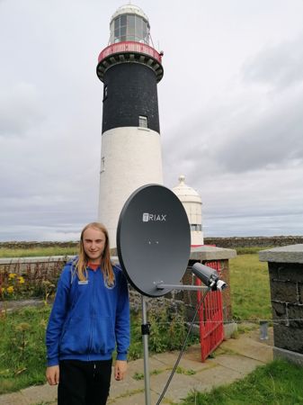 Satellite communications equipment beside a Rathlin lighthouse